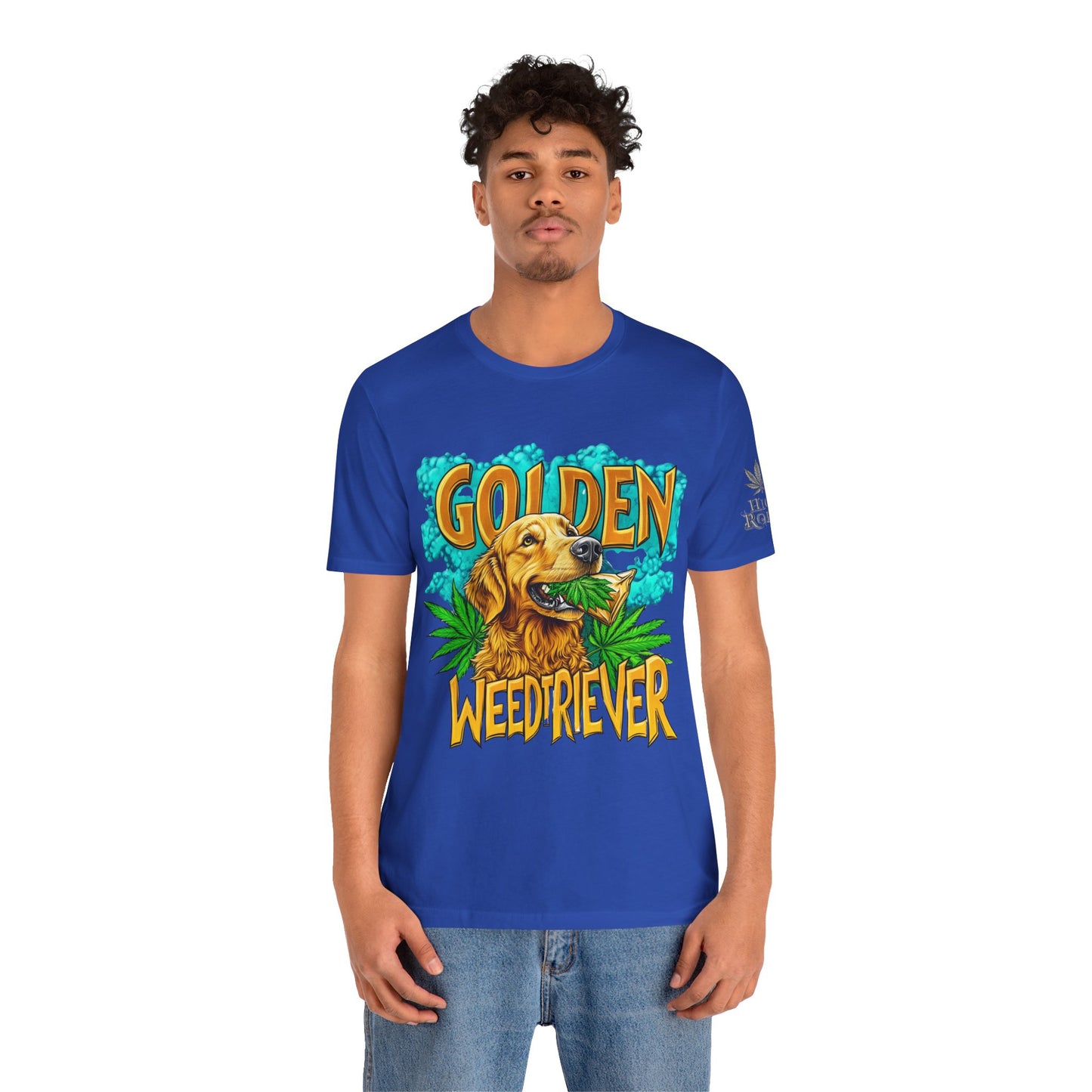 High Roller Golden Weedtriever Cannabis T-Shirt - Premium 420 Dog Lover Humor Golden Retriever Pun Comedy Pet Culture Apparel
