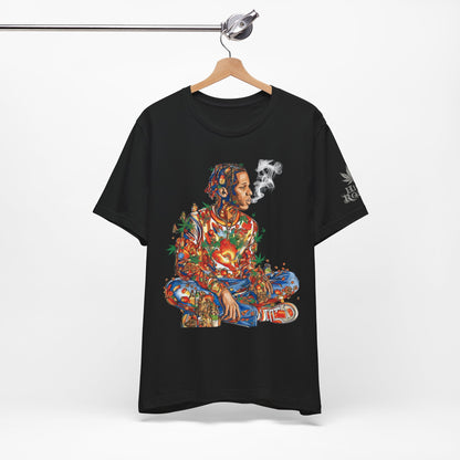 High Roller Meditation Mosaic Cannabis T-Shirt - Premium 420 Hip-Hop Zen Cross-Legged Street Culture Artistic Collage Apparel