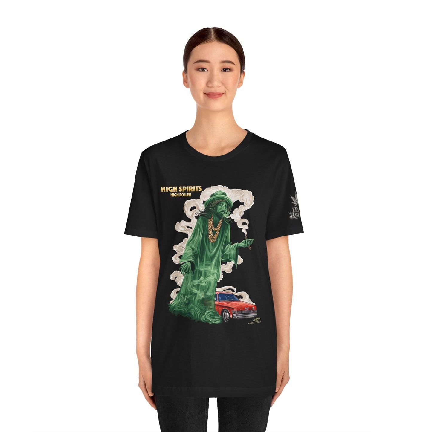 High Spirits HIGH ROLLER Halloween Cannabis Ghost T-Shirt - Premium Spectral Lowrider Phantom 420 Apparel