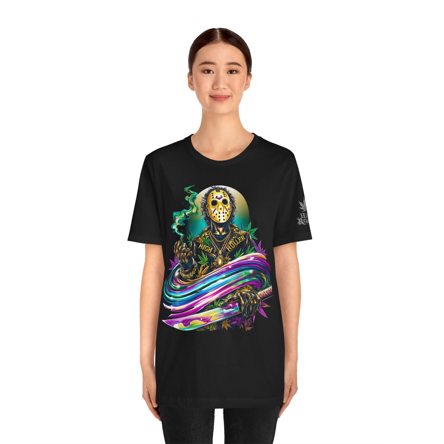 Psychedelic Jason Swoosh Cannabis T-Shirt - Premium Horror 420 Orange Edition Apparel