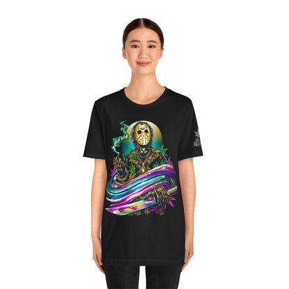 Psychedelic Jason Swoosh Cannabis T-Shirt - Premium Horror 420 Orange Edition Apparel