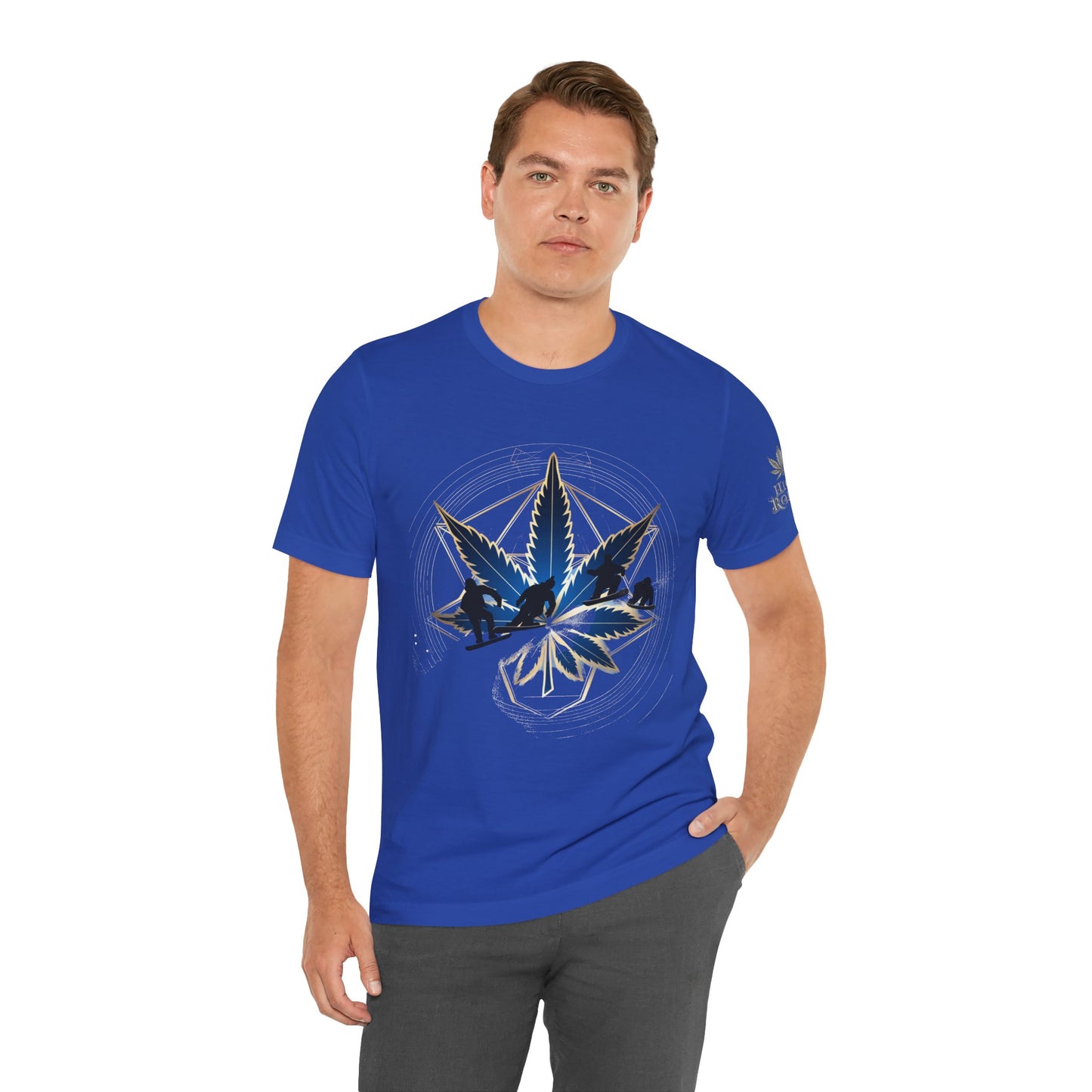 Sacred Geometry Snowboard Premium Cannabis Culture T-Shirt - Emerald Green Tee With Action Sports And Crystalline Cannabis Geometric Mandala