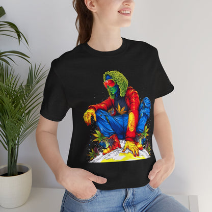 Psychedelic Chill Premium Cannabis Culture T-Shirt - Vibrant Street Art With Rainbow Color Explosion And Meditative Pose