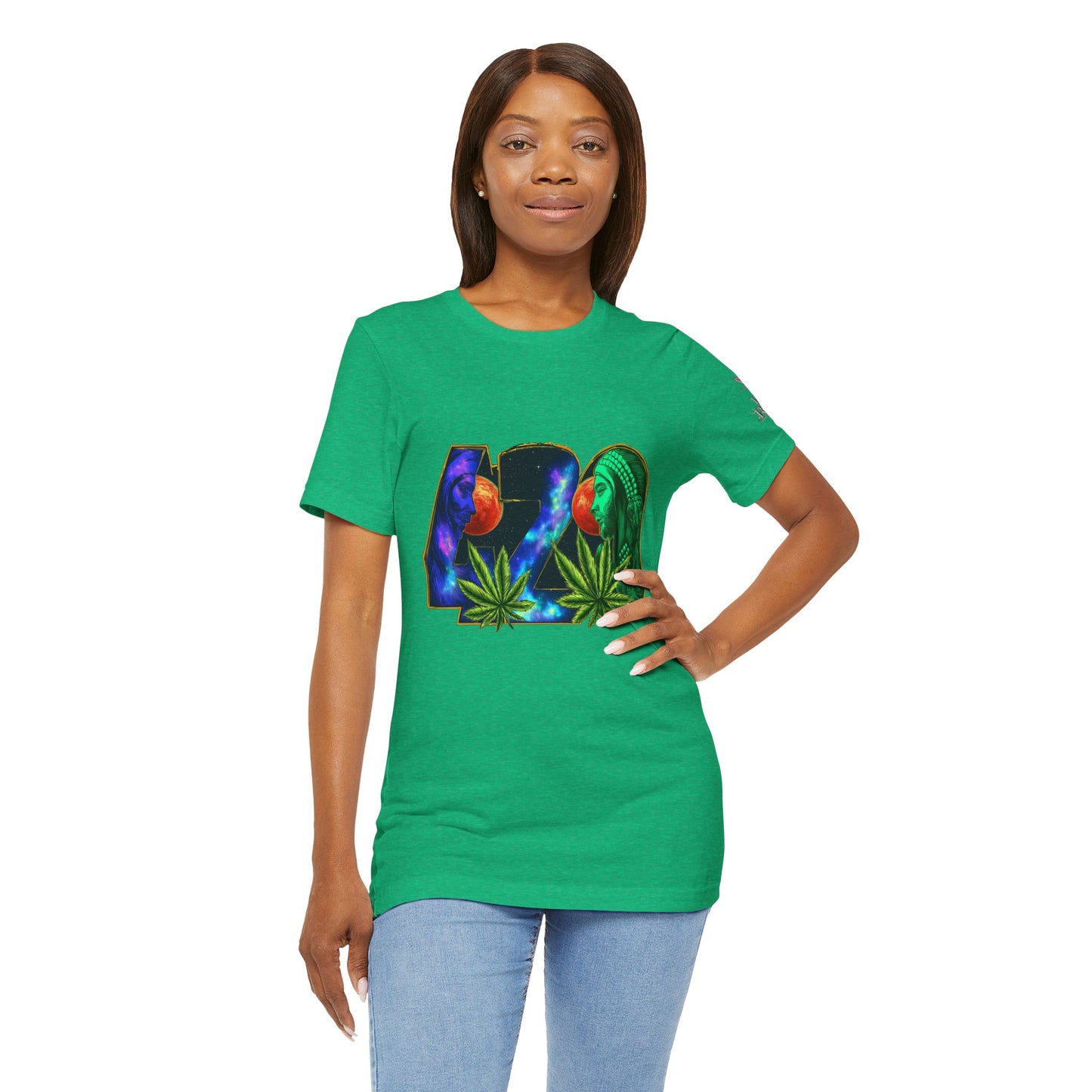 420 Cosmic Connection Premium Cannabis Culture T-Shirt - Bold Typography With Celestial Profiles And Luminous Cannabis Leaf Design