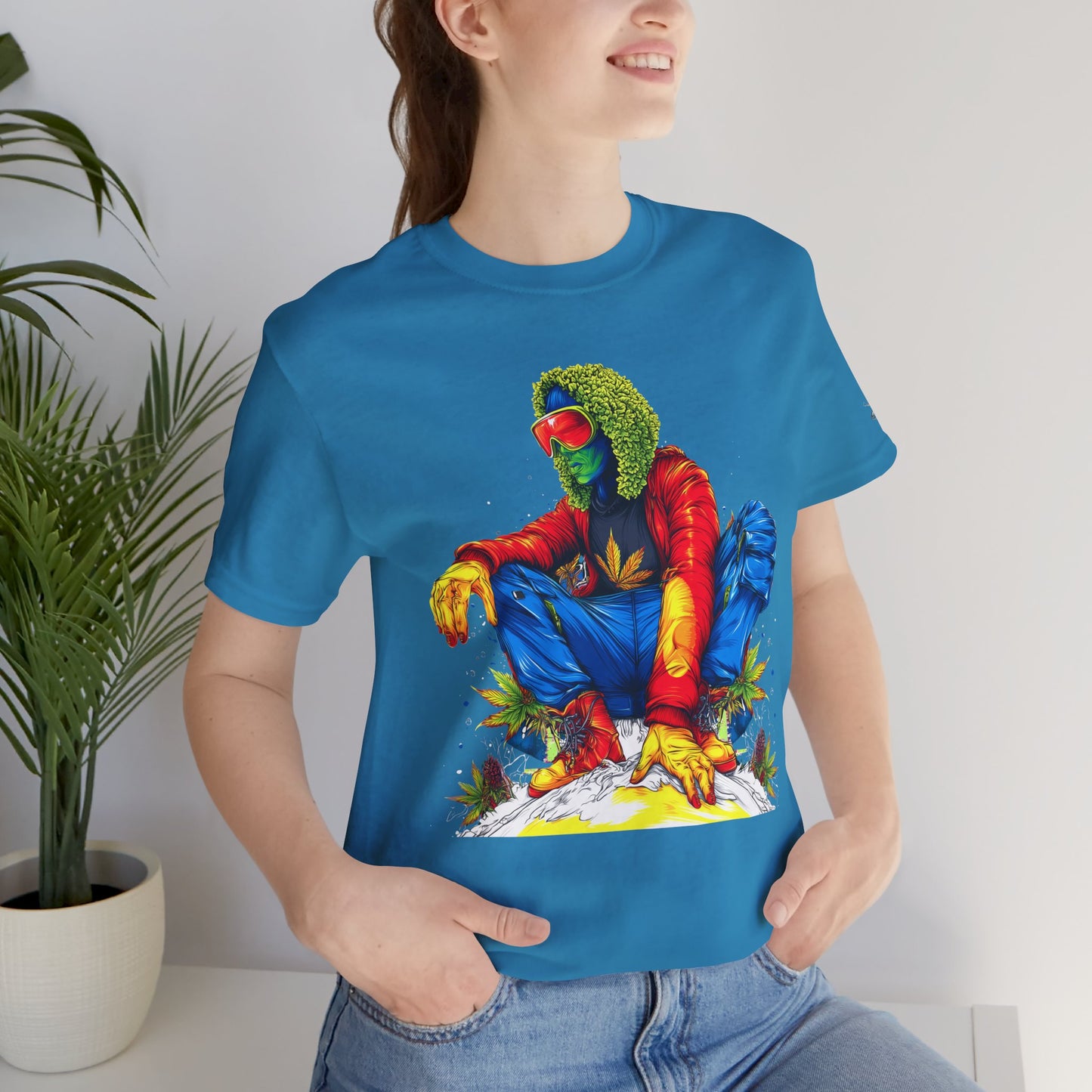 Psychedelic Chill Premium Cannabis Culture T-Shirt - Vibrant Street Art With Rainbow Color Explosion And Meditative Pose
