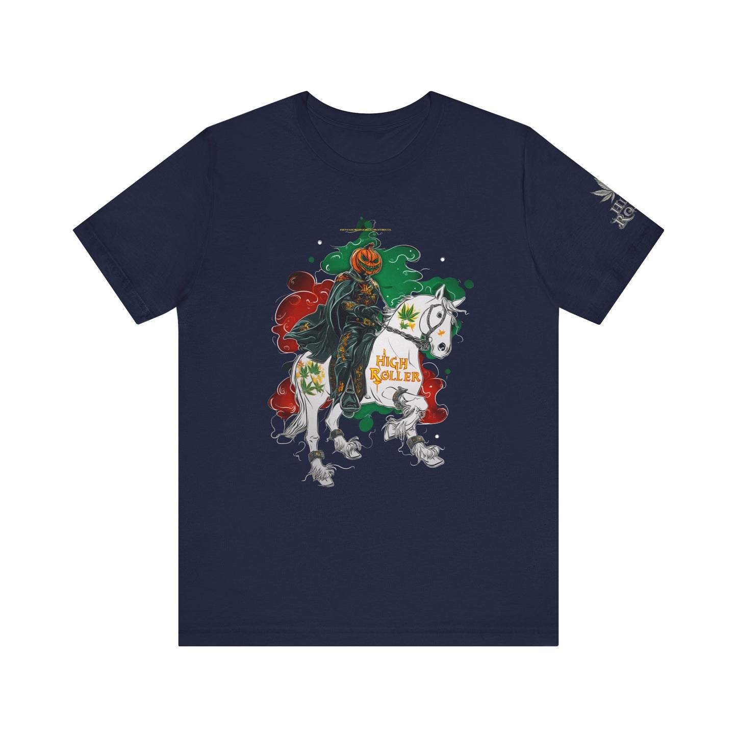 Headless Horseman HIGH ROLLER Halloween Cannabis T-Shirt - Premium Pumpkin Rider Skeletal Steed 420 Apparel