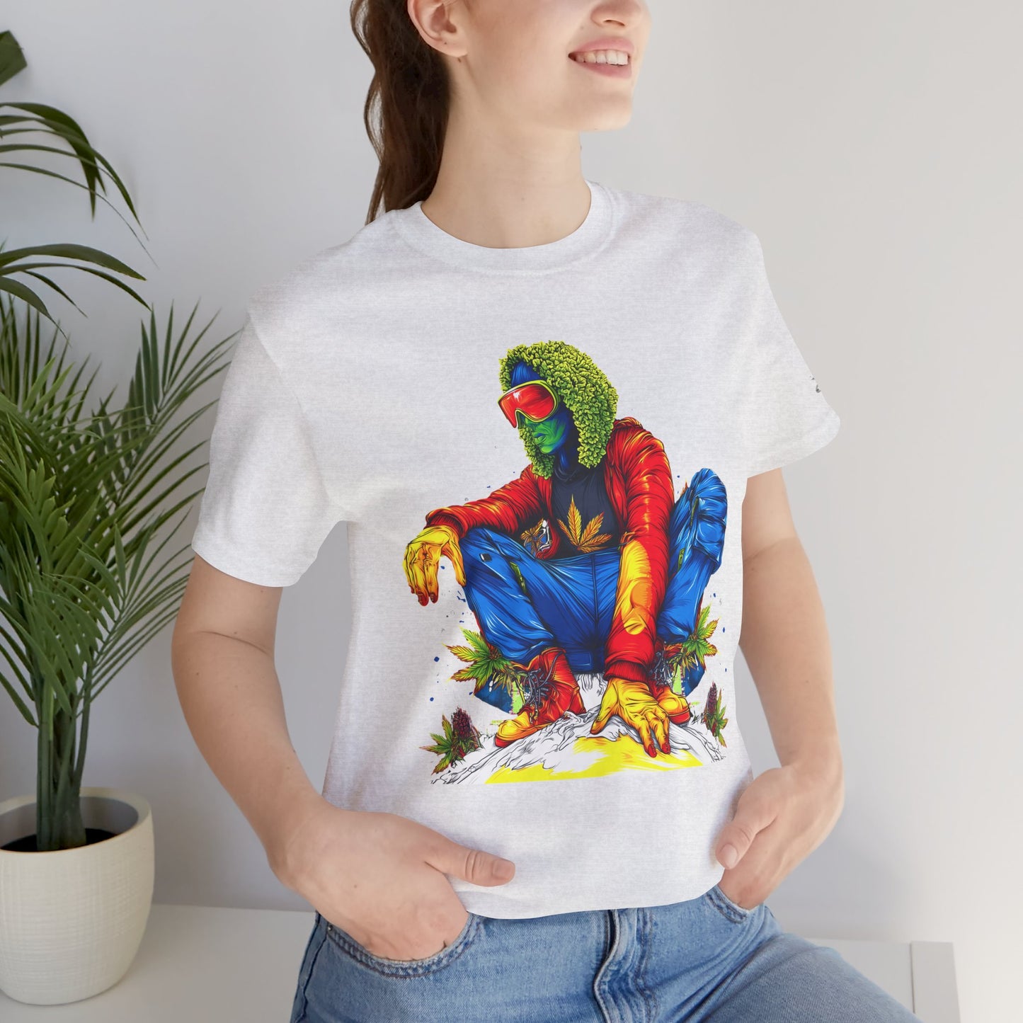 Psychedelic Chill Premium Cannabis Culture T-Shirt - Vibrant Street Art With Rainbow Color Explosion And Meditative Pose