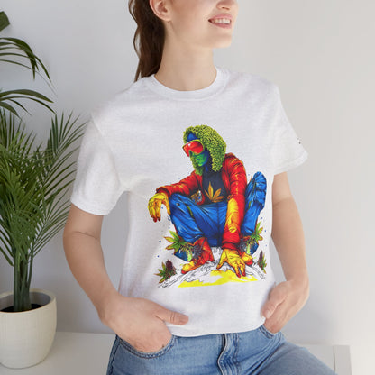 Psychedelic Chill Premium Cannabis Culture T-Shirt - Vibrant Street Art With Rainbow Color Explosion And Meditative Pose