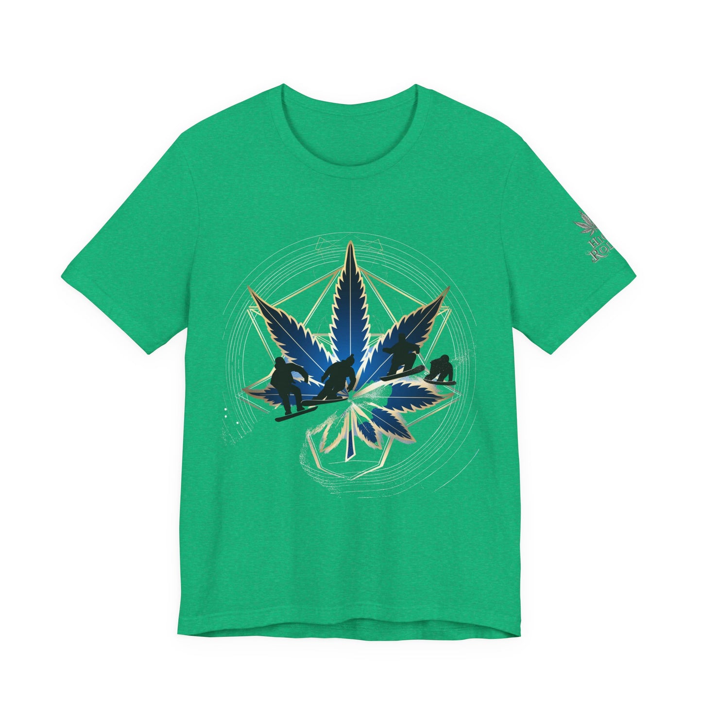 Sacred Geometry Snowboard Premium Cannabis Culture T-Shirt - Emerald Green Tee With Action Sports And Crystalline Cannabis Geometric Mandala