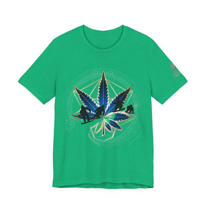 Sacred Geometry Snowboard Premium Cannabis Culture T-Shirt - Emerald Green Tee With Action Sports And Crystalline Cannabis Geometric Mandala