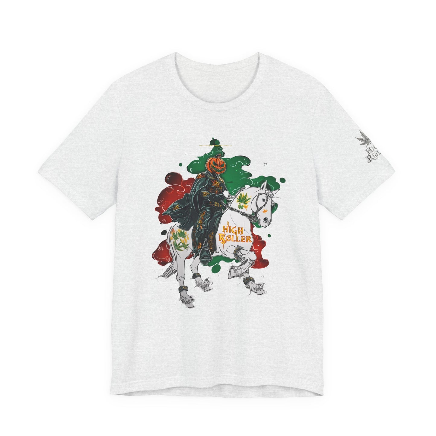 Headless Horseman HIGH ROLLER Halloween Cannabis T-Shirt - Premium Pumpkin Rider Skeletal Steed 420 Apparel