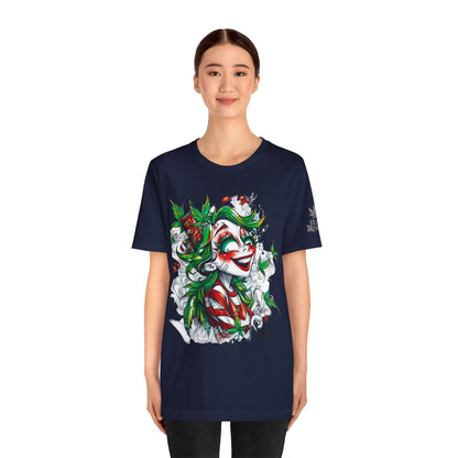 High Roller Jester Queen Cannabis T-Shirt - Premium 420 Harlequin Beauty Holiday Celebration Apparel