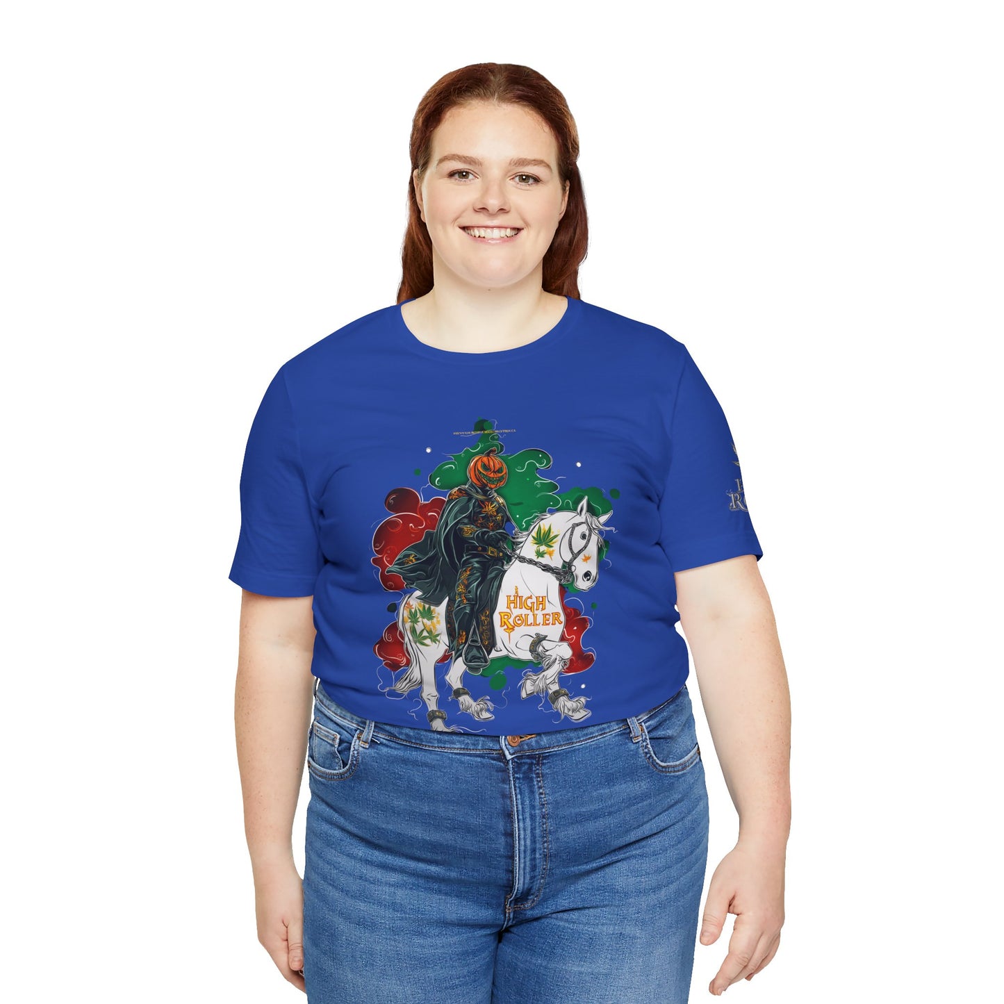 Headless Horseman HIGH ROLLER Halloween Cannabis T-Shirt - Premium Pumpkin Rider Skeletal Steed 420 Apparel