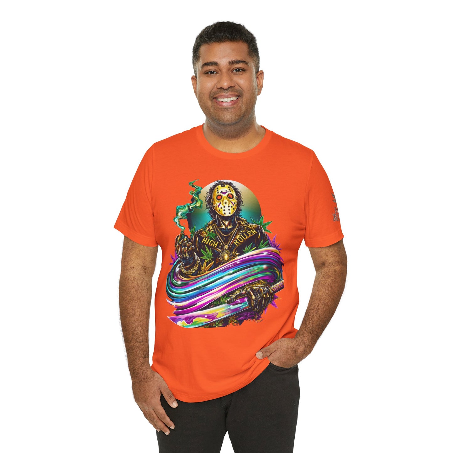 Psychedelic Jason Swoosh Cannabis T-Shirt - Premium Horror 420 Orange Edition Apparel