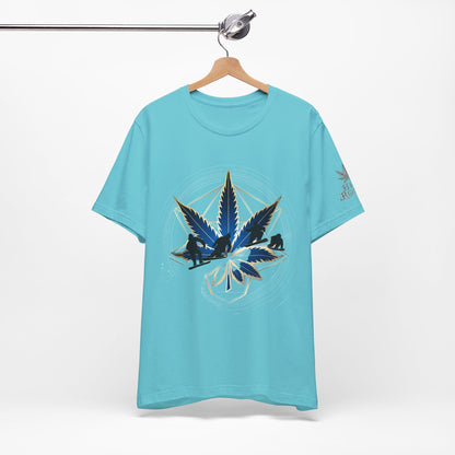 Sacred Geometry Snowboard Premium Cannabis Culture T-Shirt - Emerald Green Tee With Action Sports And Crystalline Cannabis Geometric Mandala