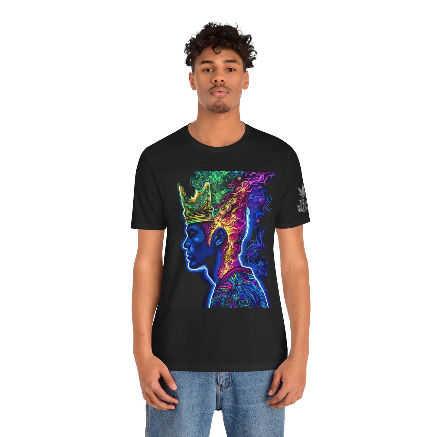 Crown Of Consciousness Premium Cannabis Culture Black T-Shirt - Neon Psychedelic Queen With Rainbow Smoke Crown And Urban Fashion Elements