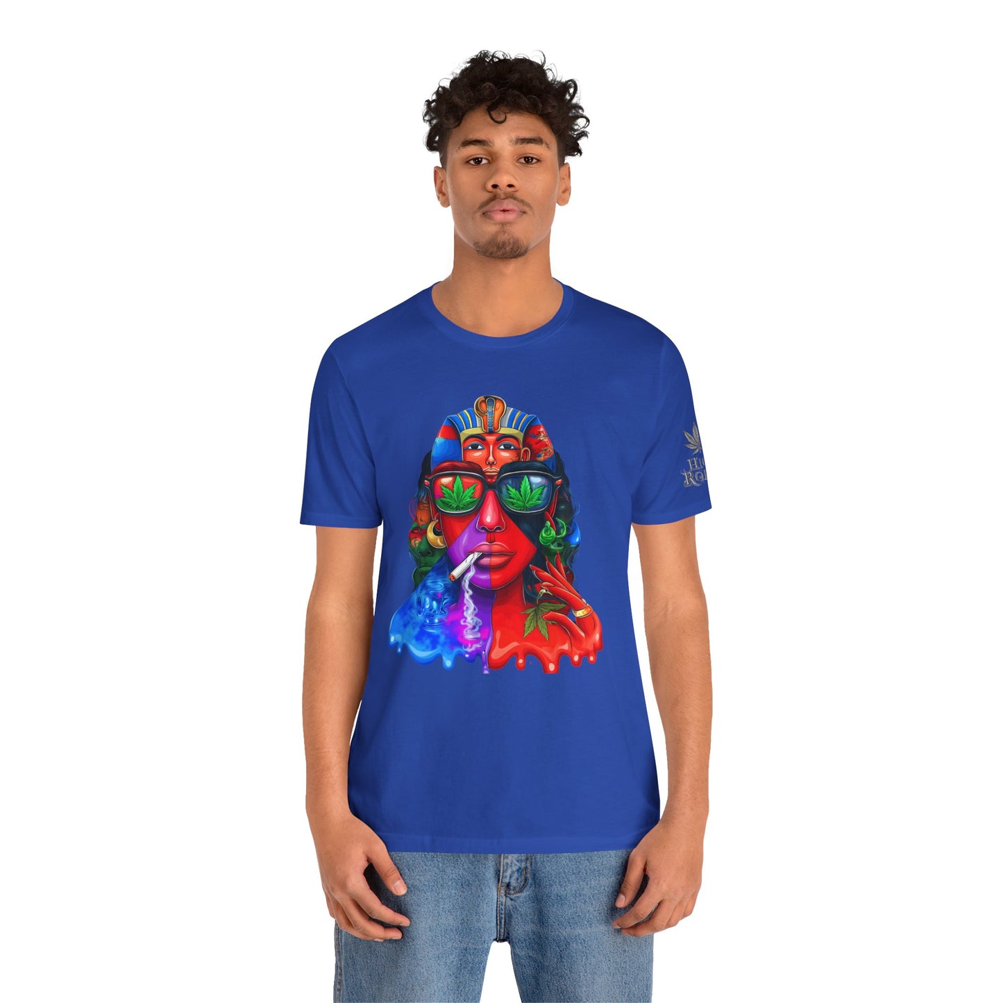 Pharaoh Vision Premium Cannabis Culture T-Shirt - Ancient Egyptian Royalty With Modern Cannabis Celebration And Psychedelic Split-Face Art