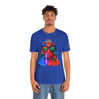 Pharaoh Vision Premium Cannabis Culture T-Shirt - Ancient Egyptian Royalty With Modern Cannabis Celebration And Psychedelic Split-Face Art
