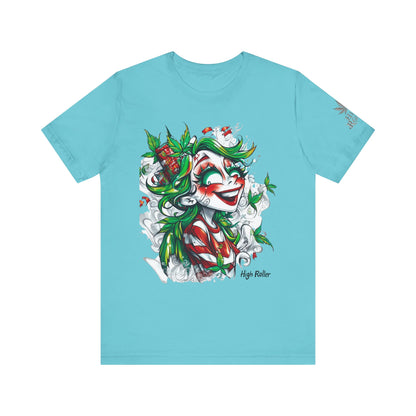 High Roller Jester Queen Cannabis T-Shirt - Premium 420 Harlequin Beauty Holiday Celebration Apparel