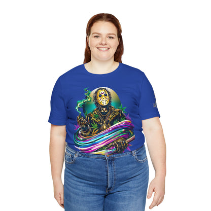 Psychedelic Jason Swoosh Cannabis T-Shirt - Premium Horror 420 Orange Edition Apparel