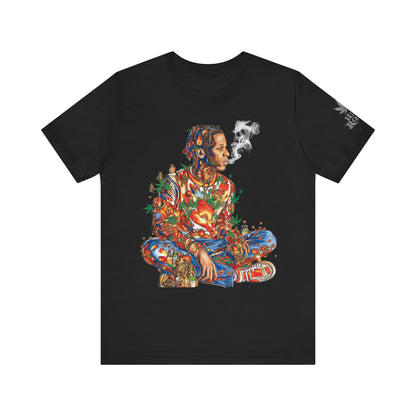 High Roller Meditation Mosaic Cannabis T-Shirt - Premium 420 Hip-Hop Zen Cross-Legged Street Culture Artistic Collage Apparel