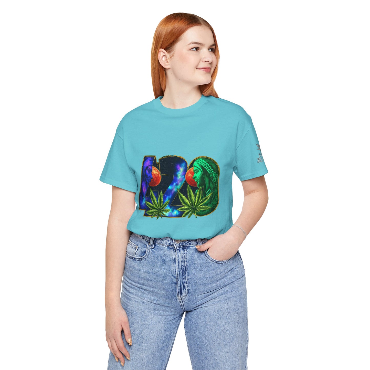 420 Cosmic Connection Premium Cannabis Culture T-Shirt - Bold Typography With Celestial Profiles And Luminous Cannabis Leaf Design