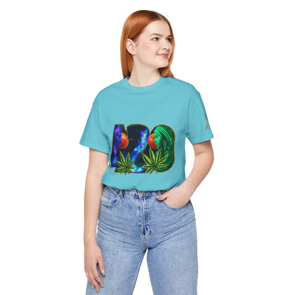 420 Cosmic Connection Premium Cannabis Culture T-Shirt - Bold Typography With Celestial Profiles And Luminous Cannabis Leaf Design