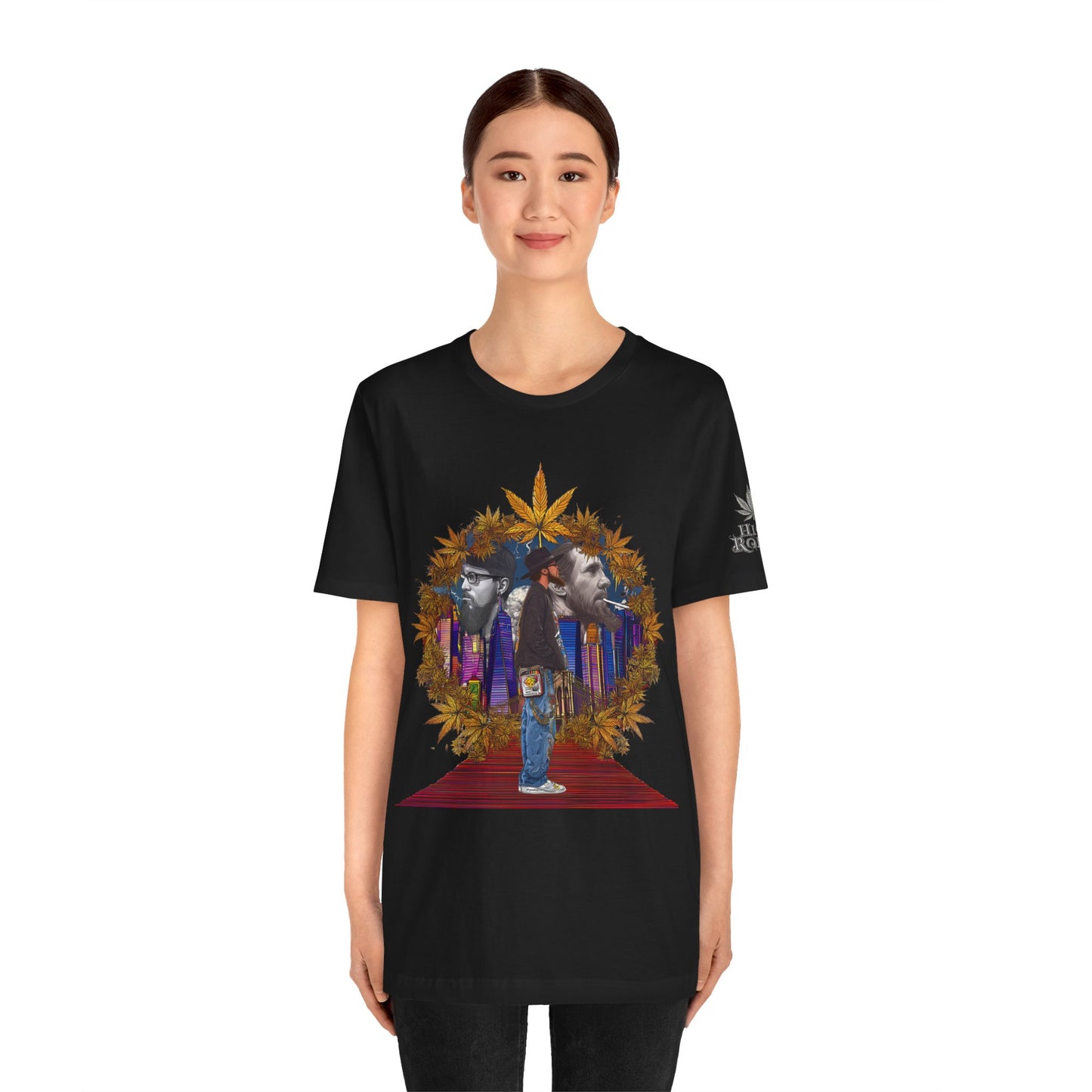 High Roller Red Carpet Cannabis T-Shirt - Premium 420 Hip-Hop Legacy Golden Frame Street Culture Artistic Portrait Apparel