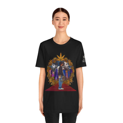 High Roller Red Carpet Cannabis T-Shirt - Premium 420 Hip-Hop Legacy Golden Frame Street Culture Artistic Portrait Apparel