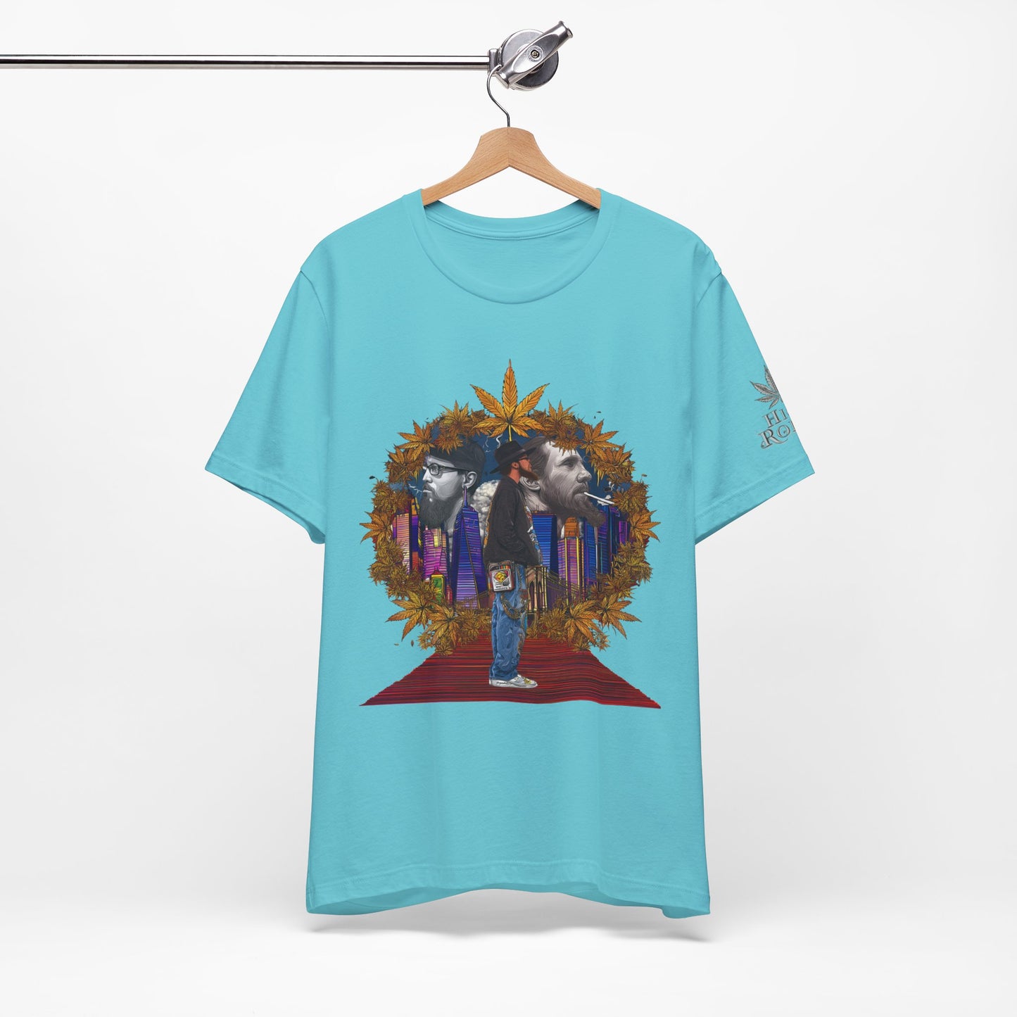 Red Carpet Royalty Premium Cannabis Culture T-Shirt - Hip-Hop Legends Tribute With Golden Cannabis Wreath And City Skyline