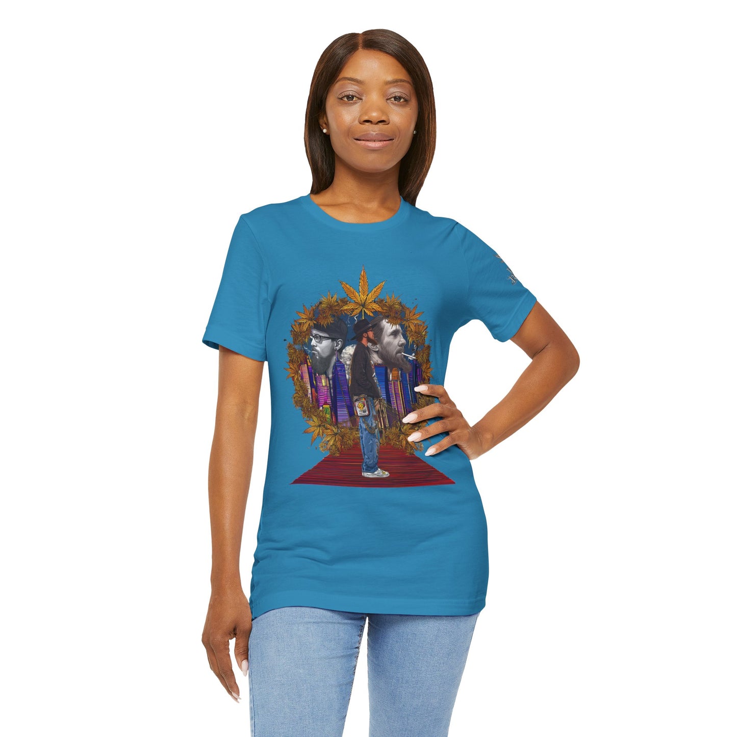 Red Carpet Royalty Premium Cannabis Culture T-Shirt - Hip-Hop Legends Tribute With Golden Cannabis Wreath And City Skyline