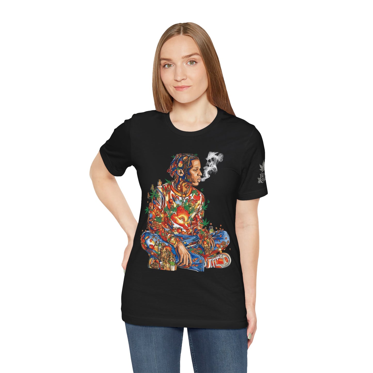 High Roller Meditation Mosaic Cannabis T-Shirt - Premium 420 Hip-Hop Zen Cross-Legged Street Culture Artistic Collage Apparel