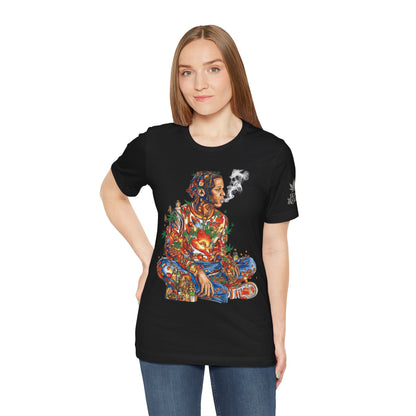 High Roller Meditation Mosaic Cannabis T-Shirt - Premium 420 Hip-Hop Zen Cross-Legged Street Culture Artistic Collage Apparel