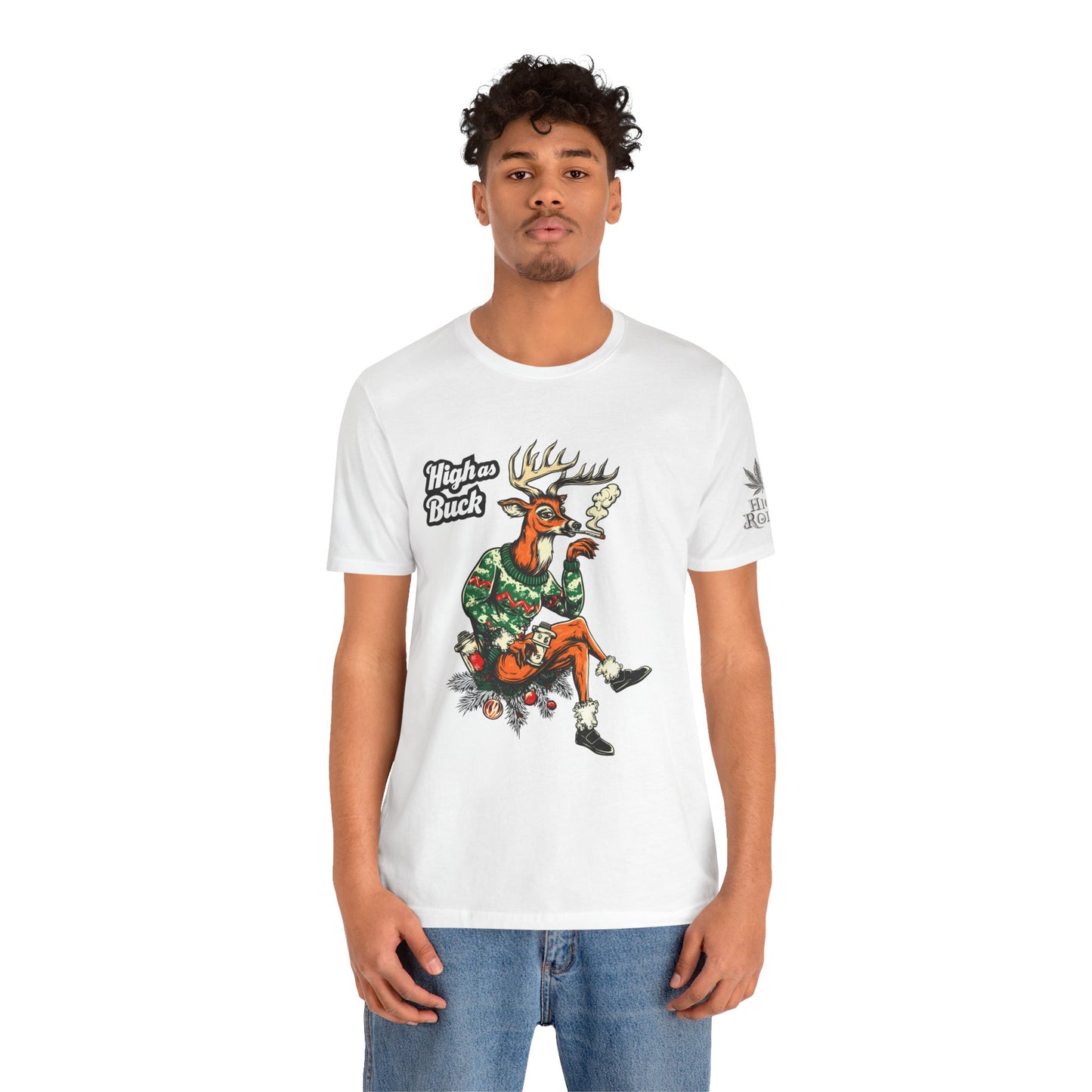 High as Buck T-Shirt - Premium Airlume Cotton Cannabis Christmas Deer Holiday Tee