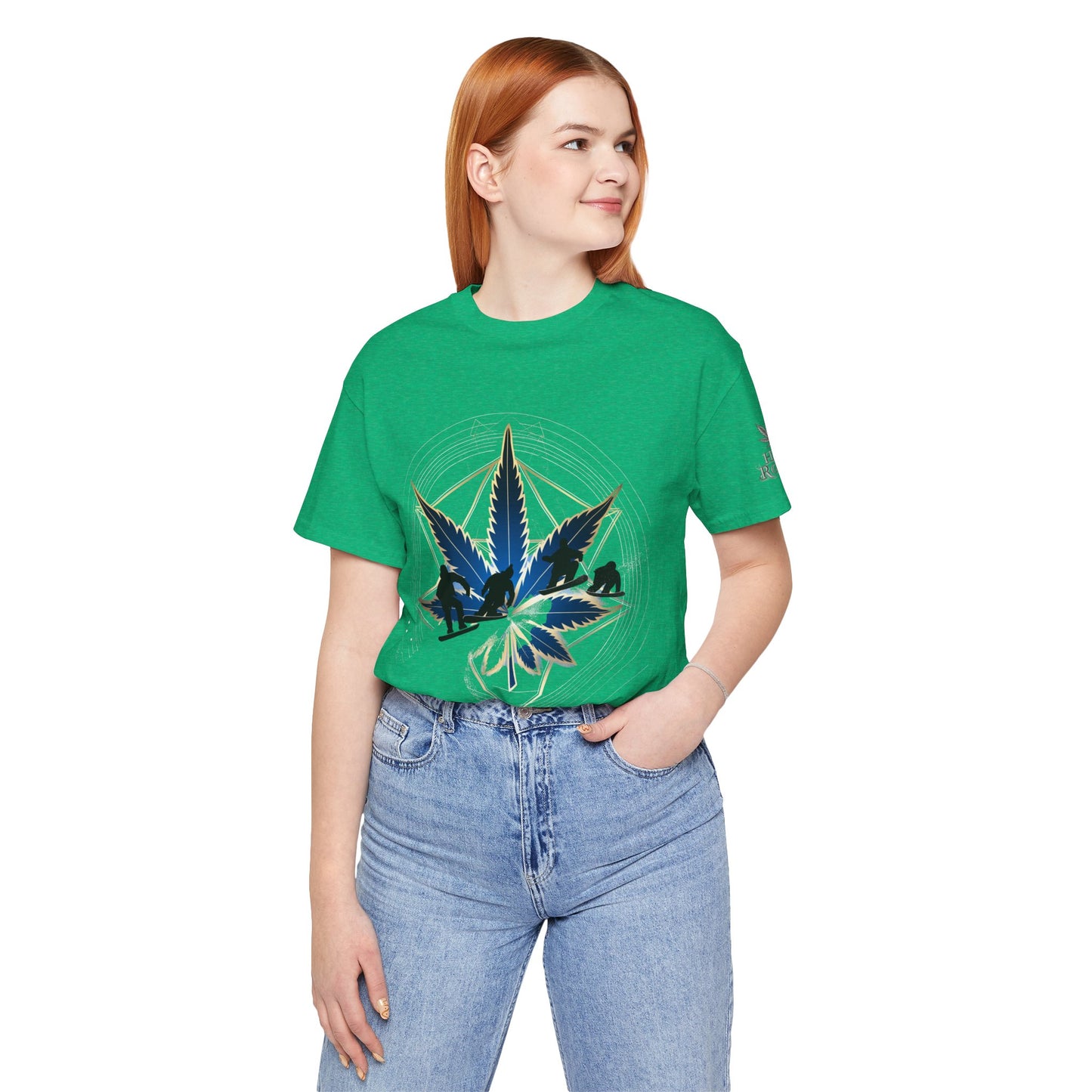 Sacred Geometry Snowboard Premium Cannabis Culture T-Shirt - Emerald Green Tee With Action Sports And Crystalline Cannabis Geometric Mandala