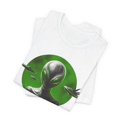 Cosmic Visitor Tee - Premium Airlume Cotton Cannabis Culture UFO Alien Art