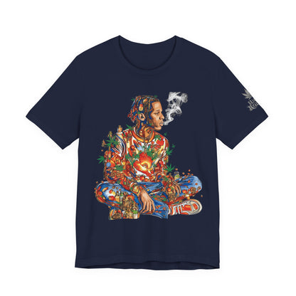 High Roller Meditation Mosaic Cannabis T-Shirt - Premium 420 Hip-Hop Zen Cross-Legged Street Culture Artistic Collage Apparel