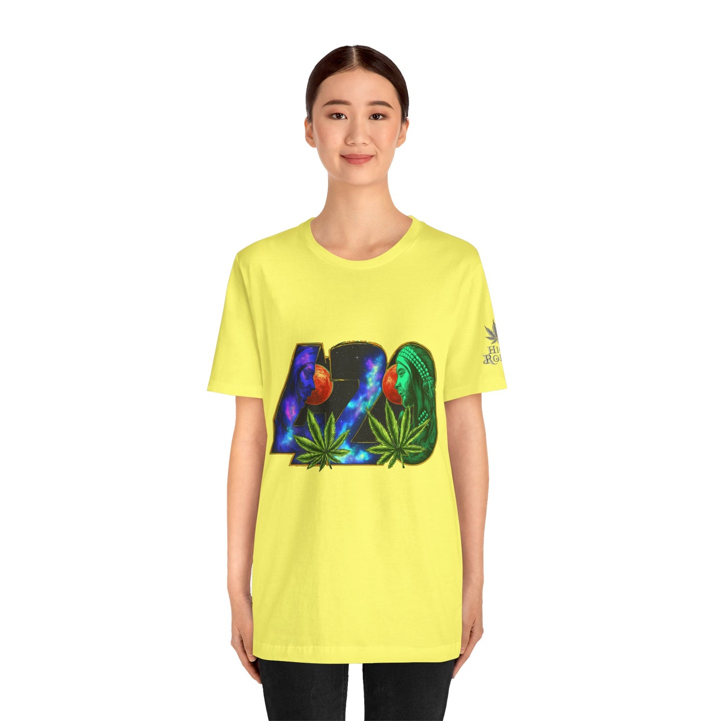 420 Cosmic Connection Premium Cannabis Culture T-Shirt - Bold Typography With Celestial Profiles And Luminous Cannabis Leaf Design