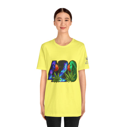 420 Cosmic Connection Premium Cannabis Culture T-Shirt - Bold Typography With Celestial Profiles And Luminous Cannabis Leaf Design