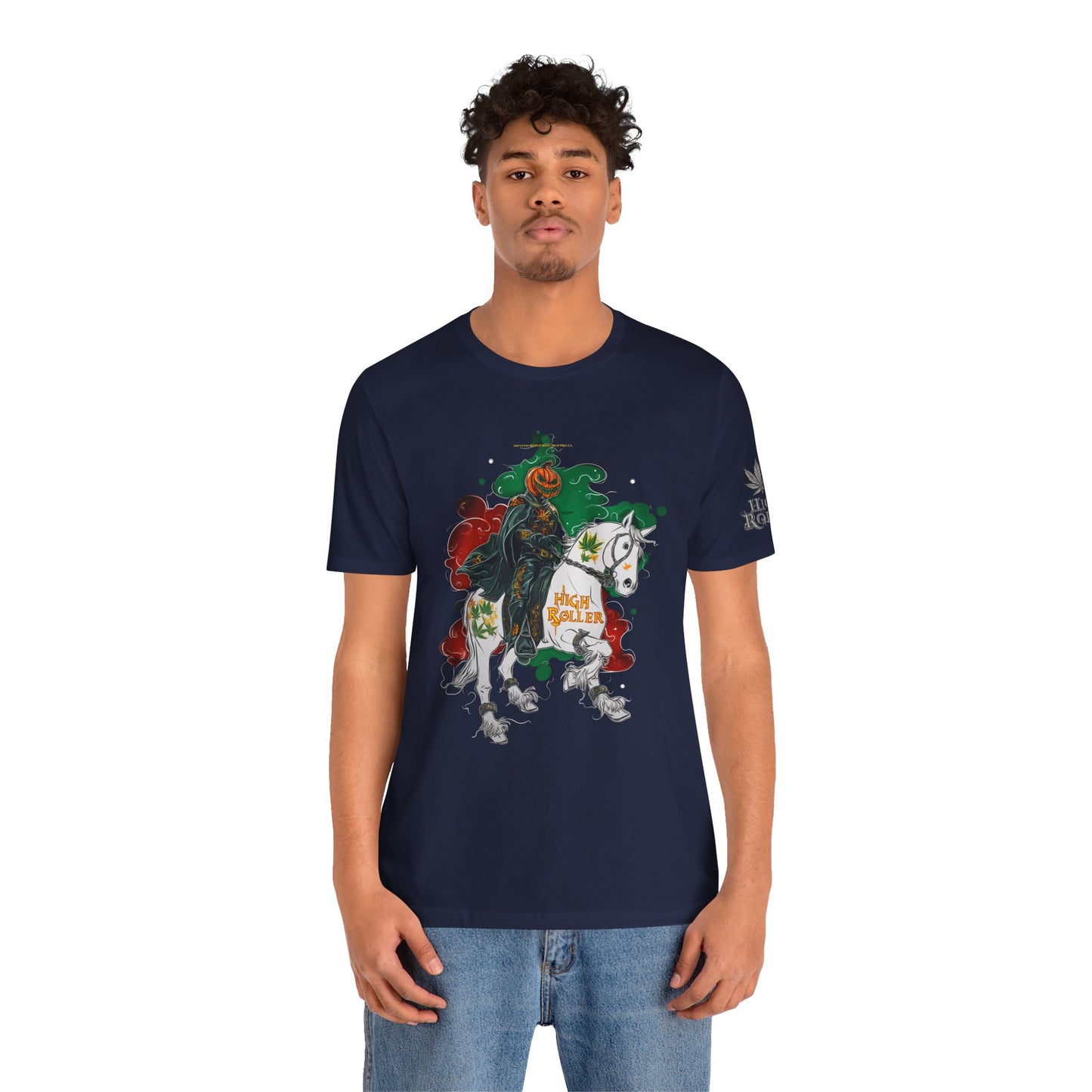 Headless Horseman HIGH ROLLER Halloween Cannabis T-Shirt - Premium Pumpkin Rider Skeletal Steed 420 Apparel