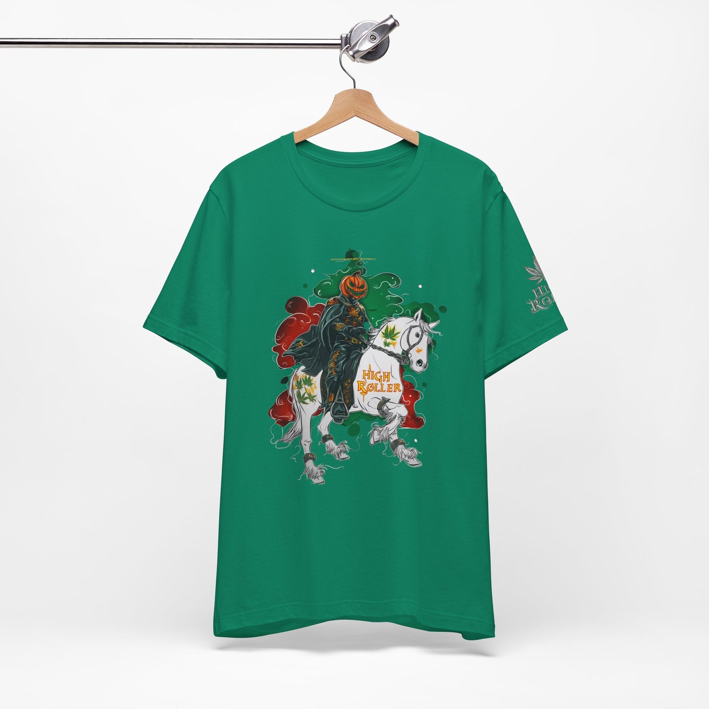Headless Horseman HIGH ROLLER Halloween Cannabis T-Shirt - Premium Pumpkin Rider Skeletal Steed 420 Apparel