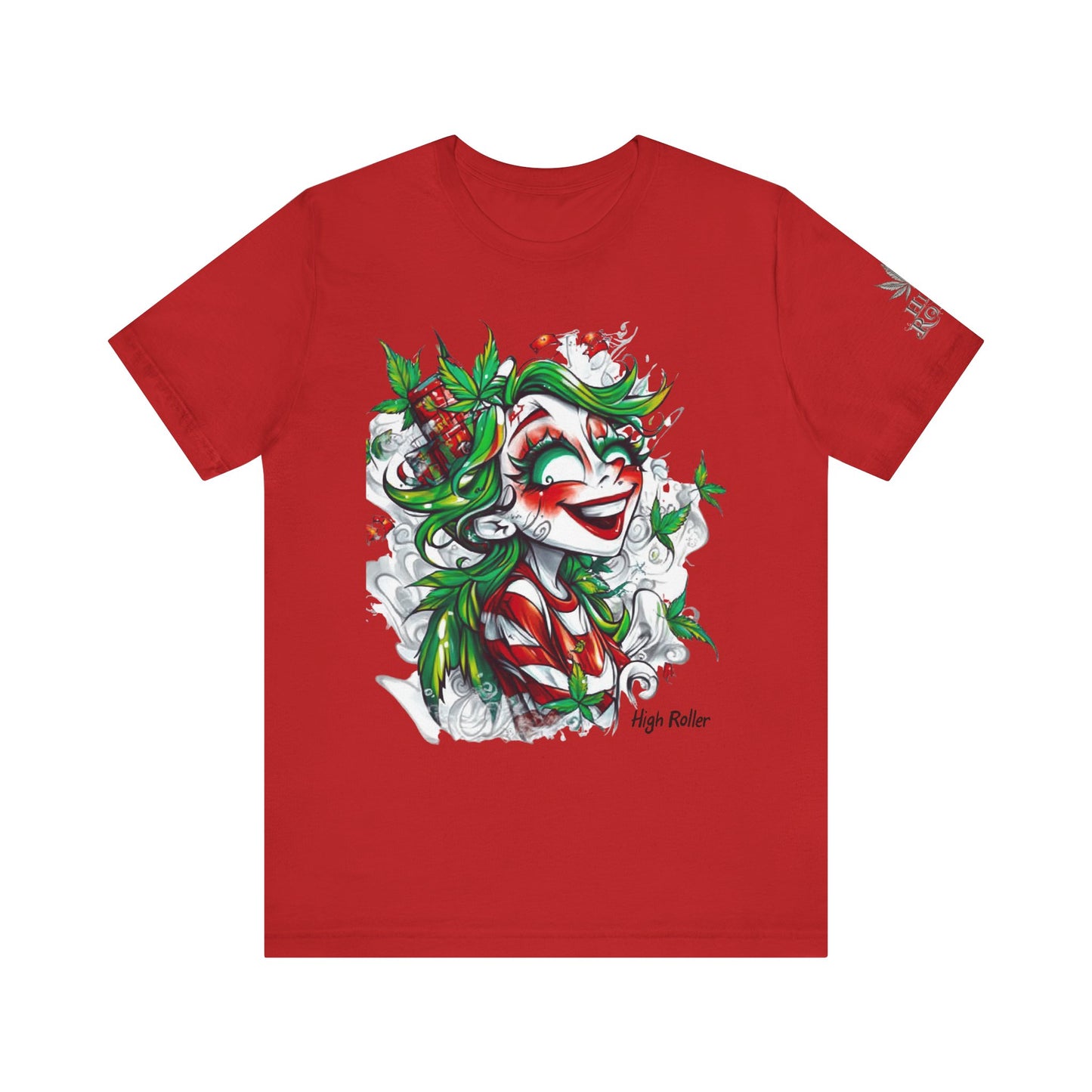 High Roller Jester Queen Cannabis T-Shirt - Premium 420 Harlequin Beauty Holiday Celebration Apparel