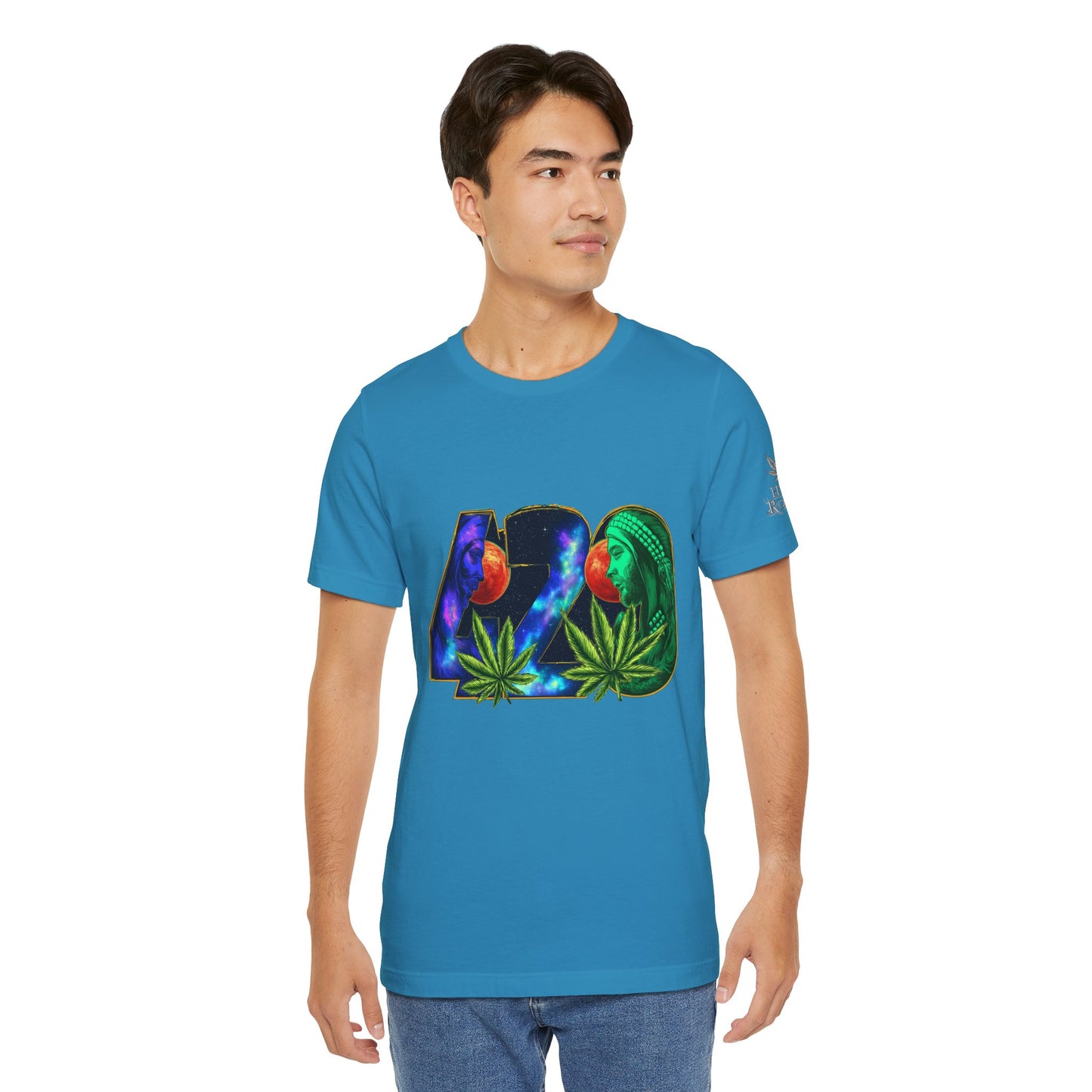 420 Cosmic Connection Premium Cannabis Culture T-Shirt - Bold Typography With Celestial Profiles And Luminous Cannabis Leaf Design