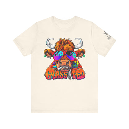 High Roller Grass Fed Cannabis T-Shirt - Premium 420 Highland Cow Humor Psychedelic Sunglasses Farm Culture Comedy Apparel