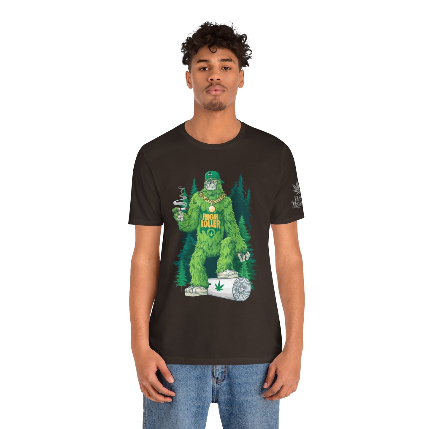 Bigfoot HIGH ROLLER Halloween Cannabis Forest T-Shirt - Premium Sasquatch Lifestyle Legend 420 Apparel