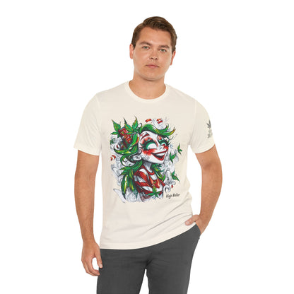 High Roller Jester Queen Cannabis T-Shirt - Premium 420 Harlequin Beauty Holiday Celebration Apparel