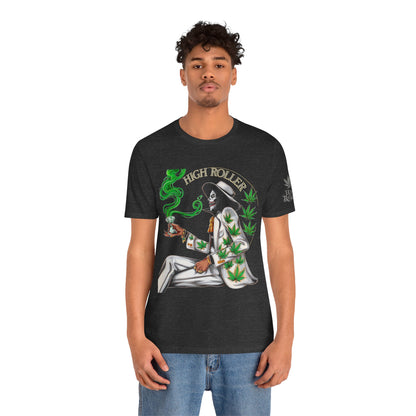 Skeletal HIGH ROLLER Halloween Cannabis Lounge T-Shirt - Premium Death's Day Off Botanical Relaxation 420 Apparel