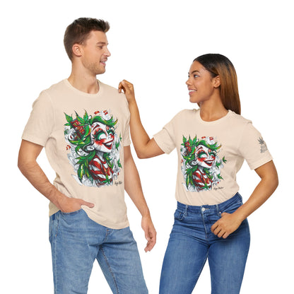High Roller Jester Queen Cannabis T-Shirt - Premium 420 Harlequin Beauty Holiday Celebration Apparel