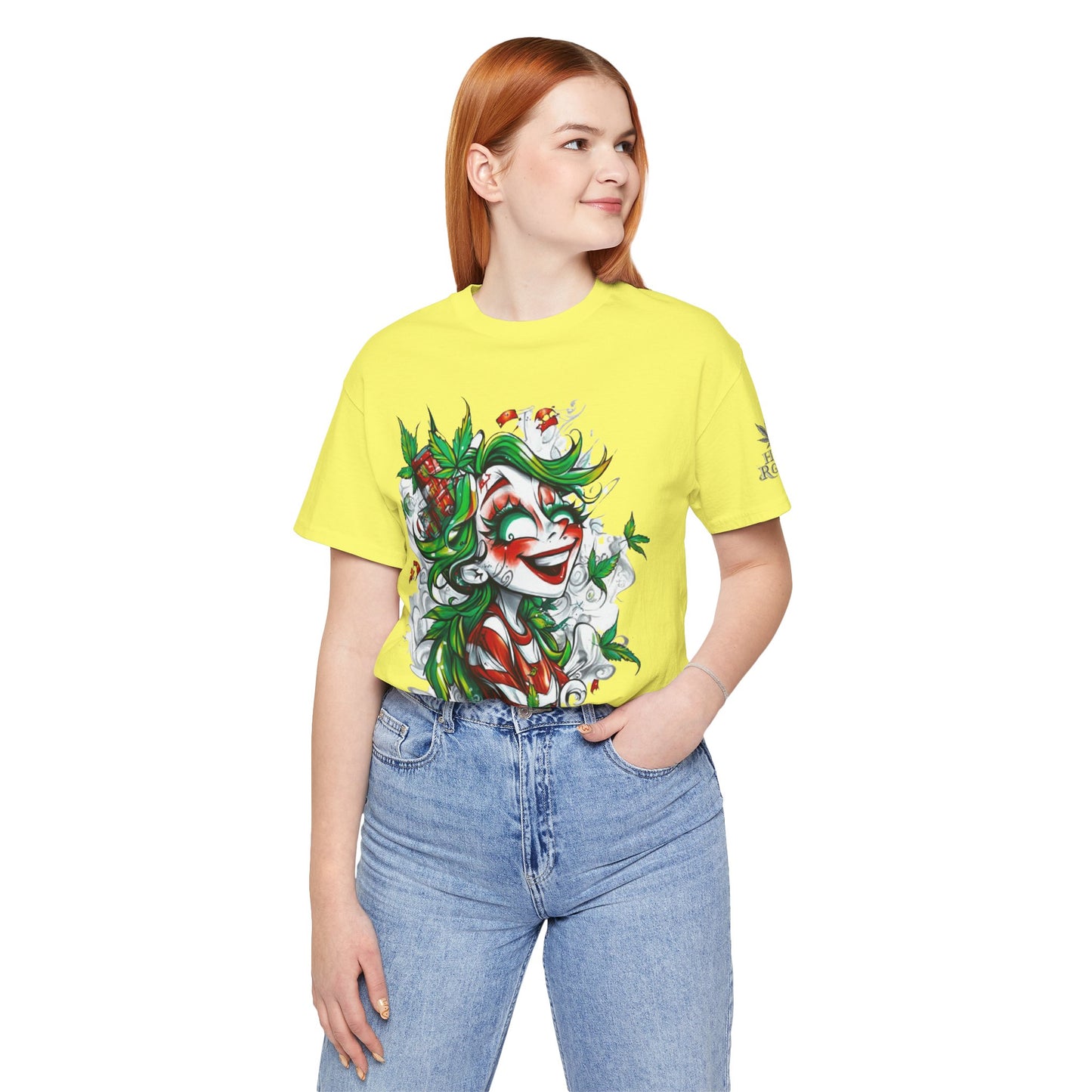 High Roller Jester Queen Cannabis T-Shirt - Premium 420 Harlequin Beauty Holiday Celebration Apparel