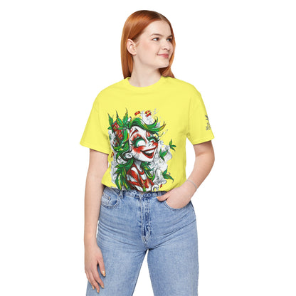 High Roller Jester Queen Cannabis T-Shirt - Premium 420 Harlequin Beauty Holiday Celebration Apparel